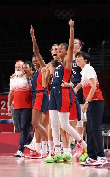 Team France celebrates their victory over Serbia in the Women's Basketball Bronze medal game between France and Serbia on day fifteen of the Tokyo...