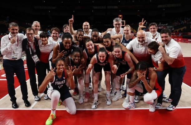 Team France celebrates after defeating Serbia in the Women's Basketball Bronze medal game between France and Serbia on day fifteen of the Tokyo 2020...