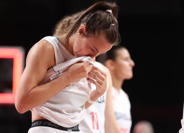 Nevena Jovanovic of Team Serbia hangs her head in disappointment following Serbia's loss to France in the Women's Basketball Bronze medal game...