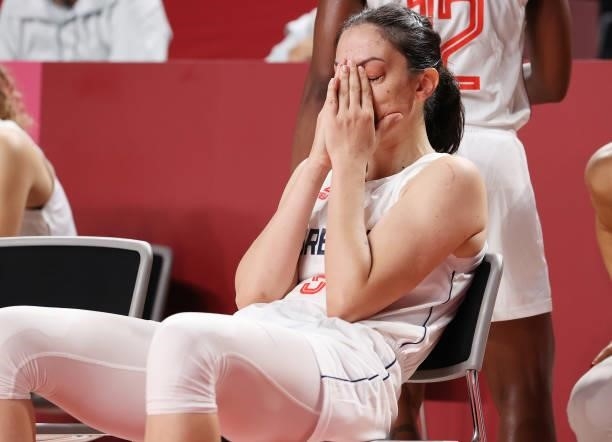 Jelena Brooks of Team Serbia reacts in disappointment following Serbia's loss in the Women's Basketball Bronze medal game between France and Serbia...