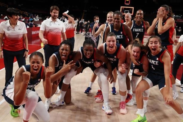 Team France celebrate their victory over Serbia in the Women's Basketball Bronze medal game between France and Serbia on day fifteen of the Tokyo...