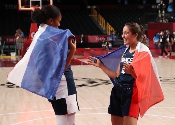 Iliana Rupert and Marine Fauthoux of Team France celebrate their victory over Team Serbia in the Women's Basketball Bronze medal game between France...