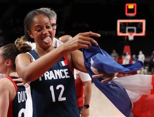 Iliana Rupert of Team France celebrates France's victory over Serbia in the Women's Basketball Bronze medal game between France and Serbia on day...