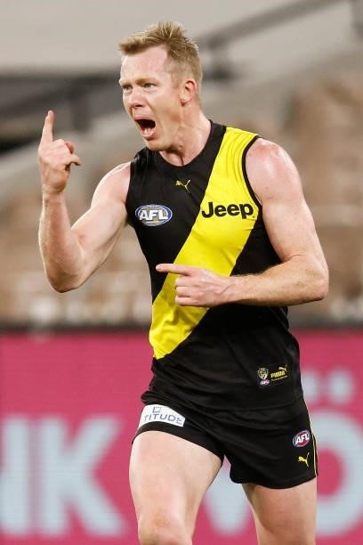 Jack Riewoldt of the Tigers celebrates a goal during the round 21 AFL match between Richmond Tigers and North Melbourne Kangaroos at Melbourne...