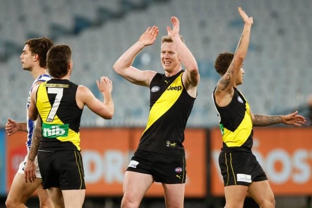 Jack Riewoldt of the Tigers celebrates a goal during the round 21 AFL match between Richmond Tigers and North Melbourne Kangaroos at Melbourne...