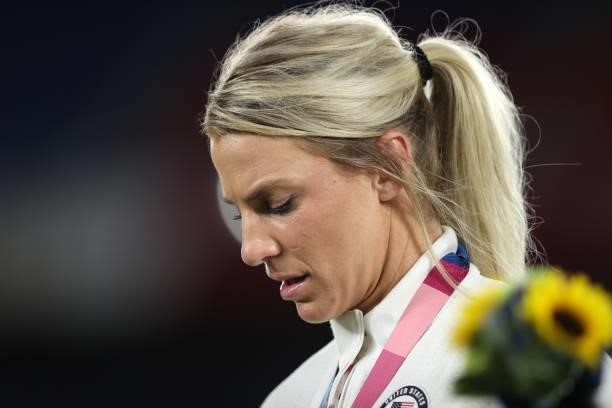 Julie Ertz of Team USA reacts after receiving the bronze medal after the Gold Medal Match Women's Football match between Canada and Sweden at...