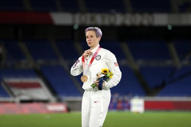 Megan Rapinoe of Team USA reacts after receiving the Bronze Medal after the Gold Medal Match Women's Football match between Canada and Sweden at...