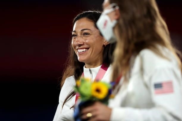 Christen Press of Team USA reacts after receiving the Bronze Medal following the Gold Medal Match Women's Football match between Canada and Sweden at...