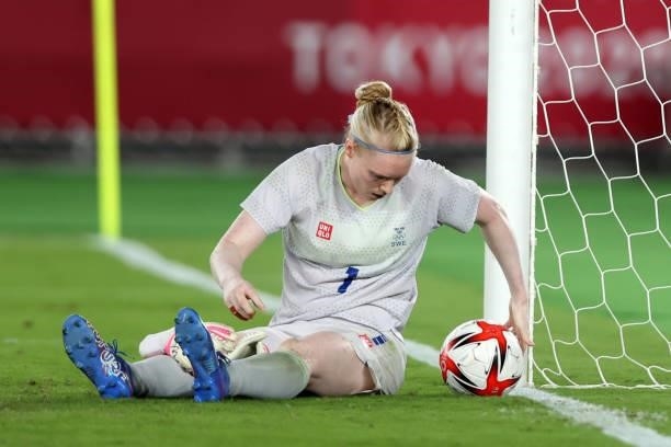 Hedvig Lindahl of Team Sweden reacts following her teams loss in the penalty shoot out during the Gold Medal Match Women's Football match between...