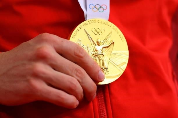 Detailed view of gold medal of Michael Morkov and Lasse Norman Hansen of Denmark, during the medal ceremony after the Men's Madison final of the...