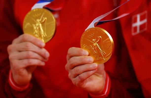 Detailed view of gold medals of Michael Morkov and Lasse Norman Hansen of Denmark, during the medal ceremony after the Men's Madison final of the...