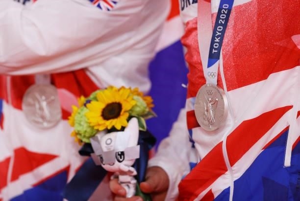 Detailed view of silver medal of Ethan Hayter and Matthew Walls of Team Great Britain, during the medal ceremony after the Men's Madison final of the...