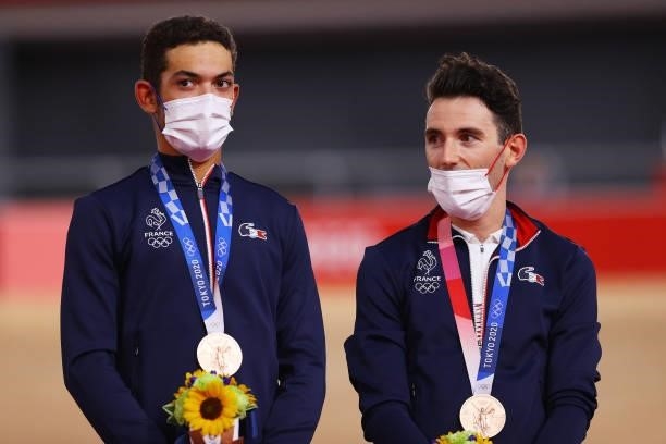 Bronze medalists Donavan Grondin and Benjamin Thomas of Team France, pose on the podium during the medal ceremony after the Men's Madison final of...