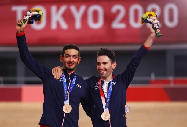 Bronze medalists Donavan Grondin and Benjamin Thomas of Team France, pose on the podium during the medal ceremony after the Men's Madison final of...