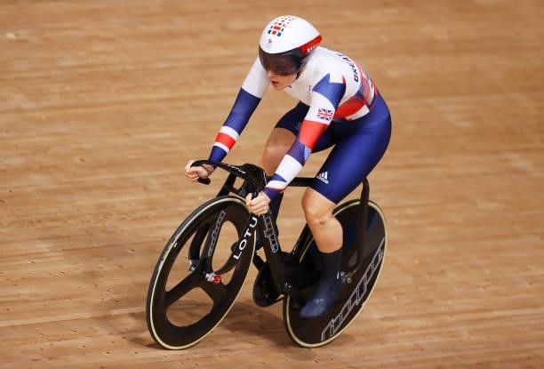 Katy Marchant of Team Great Britain competes during the Women's sprint quarterfinals, race 2 - heat 4 of the track cycling on day filthen of the...