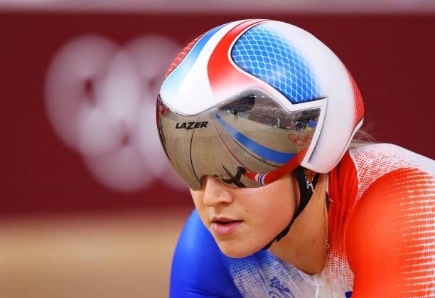 Mathilde Gros of Team France prepares for the race prior to the Women's sprint round of 8 finals - heat 4 of the track cycling on day filthen of the...