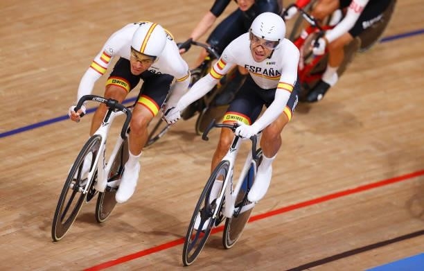 Albert Torres Barcelo and Sebastian Mora Vedri of Team Spain compete during the Men's Madison final of the track cycling on day filthen of the Tokyo...