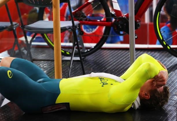Matthew Richardson of Team Australia suffers pain after the Men's Keirin first round, heat 2 of the track cycling on day filthen of the Tokyo 2020...