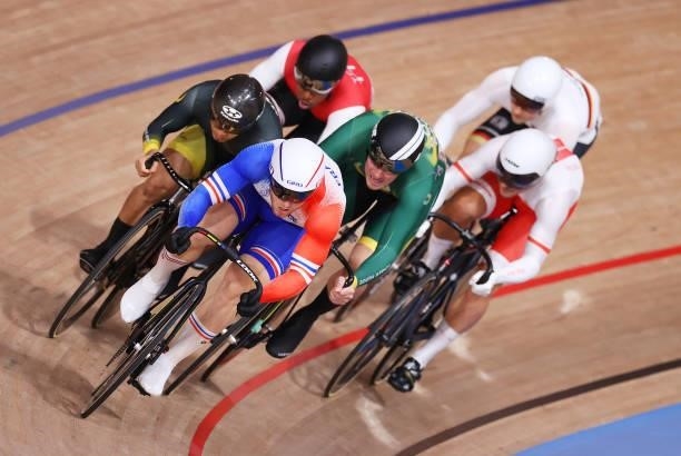 Sebastien Vigier of Team France competes during the Men's Keirin first round, heat 3 of the track cycling on day filthen of the Tokyo 2020 Olympic...
