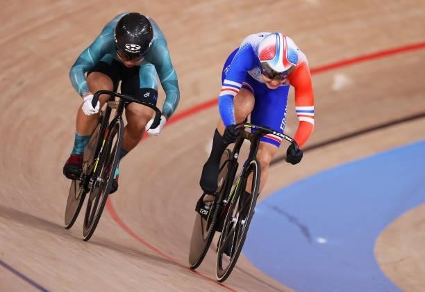 Wai Sze Lee of Team Hong Kong and Mathilde Gros of Team France sprint during the Women's sprint round of 8 finals - heat 4 of the track cycling on...