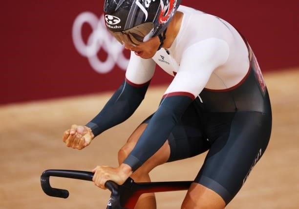 Yuta Wakimoto of Team Japan celebrates winning during the Men's Keirin first round, heat 5 of the track cycling on day filthen of the Tokyo 2020...