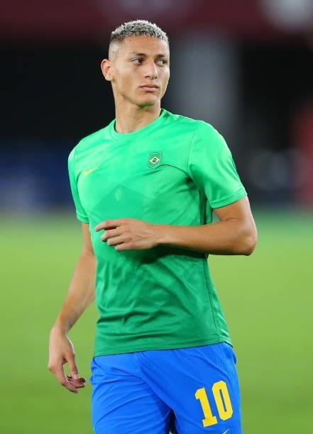 Richarlison of Team Brazil looks on as he warms up prior to the Men's Gold Medal Match between Brazil and Spain on day fifteen of the Tokyo 2020...