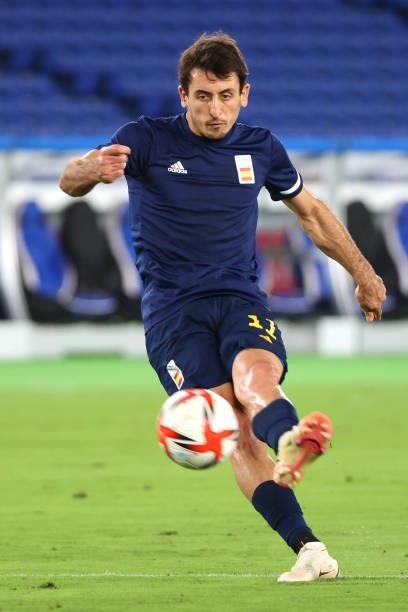Mikel Oyarzabal of Team Spain warms up before the men's gold medal match between Team Brazil and Team Spain at International Stadium Yokohama on...