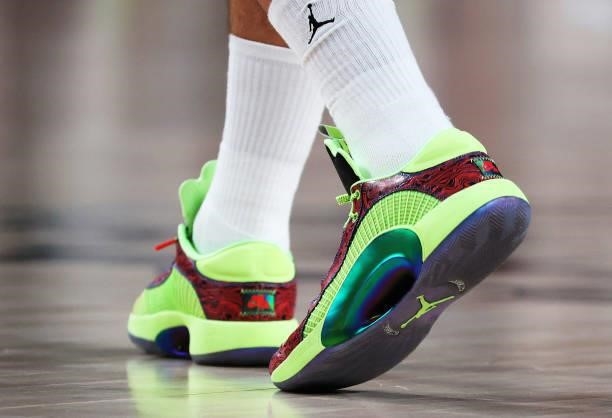 Detail photograph of the sneakers of Luka Doncic of Team Slovenia during the first half of the Men's Basketball Bronze medal game on day fifteen of...
