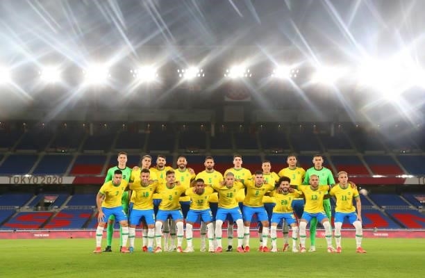 Players of Team Brazil pose for a team photograph prior to the Men's Gold Medal Match between Brazil and Spain on day fifteen of the Tokyo 2020...