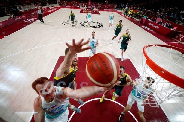 Zoran Dragic of Team Slovenia drives to the basket against Nic Kay of Team Australia during the first half of the Men's Basketball Bronze medal game...