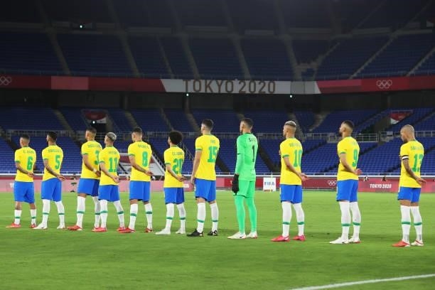 Players of Team Brazil stand for the national anthem prior to the Men's Gold Medal Match between Brazil and Spain on day fifteen of the Tokyo 2020...