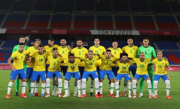 Players of Team Brazil pose for a team photograph prior to the Men's Gold Medal Match between Brazil and Spain on day fifteen of the Tokyo 2020...