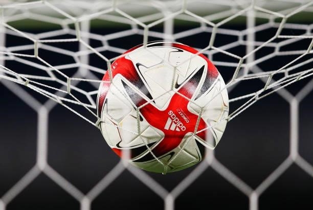 Detailed view of the Tokyo 2020 Olympic Games Adidas match ball is seen on the net prior to the Men's Gold Medal Match between Brazil and Spain on...