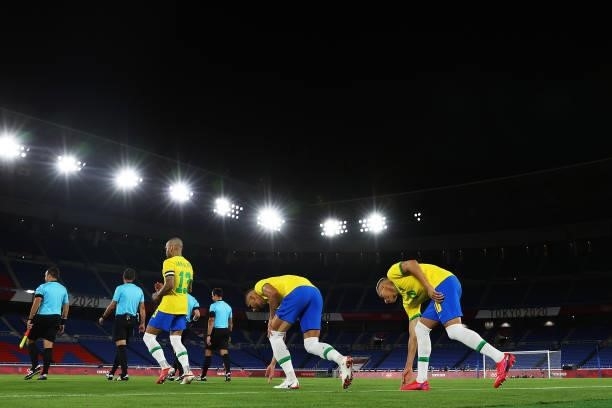 Players of Team Brazil make their way towards the pitch prior to the Men's Gold Medal Match between Brazil and Spain on day fifteen of the Tokyo 2020...