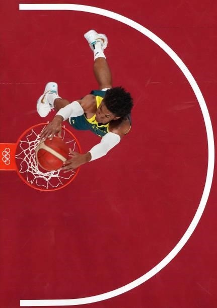 Matisse Thybulle of Team Australia goes up for a dunk against Team Slovenia during the first half of the Men's Basketball Bronze medal game on day...