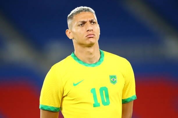 Richarlison of Team Brazil looks on during the national anthem prior to the Men's Gold Medal Match between Brazil and Spain on day fifteen of the...