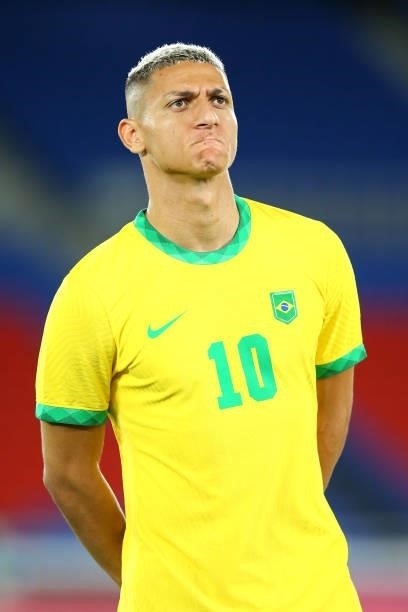 Richarlison of Team Brazil looks on during the national anthem prior to the Men's Gold Medal Match between Brazil and Spain on day fifteen of the...