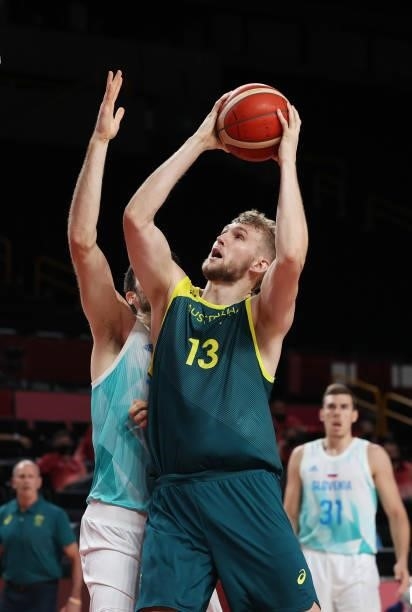 Jock Landale of Team Australia drives to the basket against Team Slovenia during the first half of the Men's Basketball Bronze medal game on day...