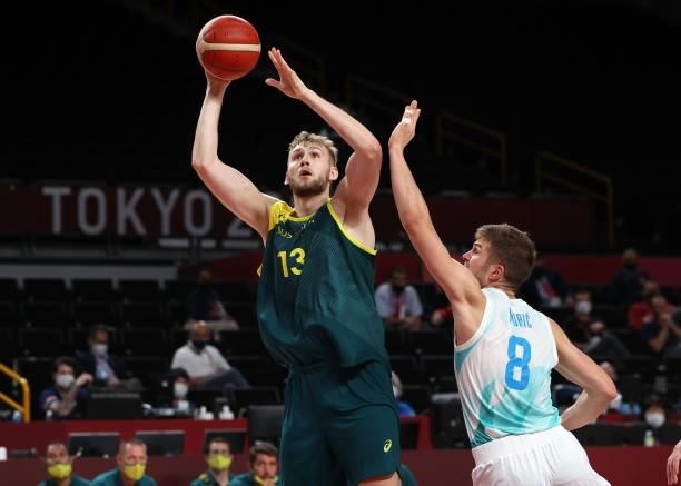 Jock Landale of Team Australia shoots against Edo Muric of Team Slovenia during the first half of the Men's Basketball Bronze medal game on day...