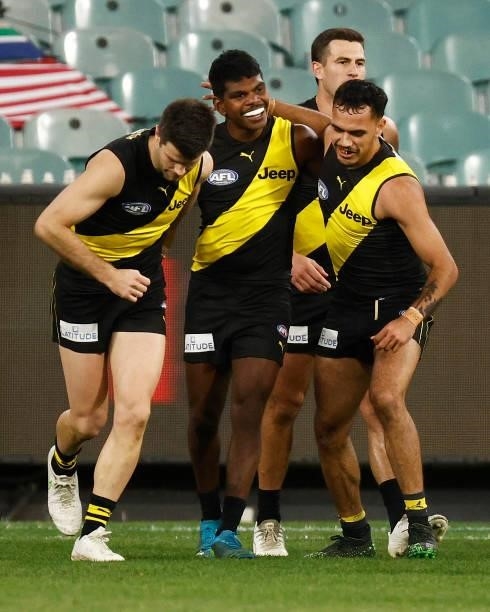 Maurice Rioli of the Tigers celebrates a goal during the round 21 AFL match between Richmond Tigers and North Melbourne Kangaroos at Melbourne...