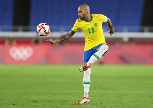 Dani Alves of Team Brazil controls the ball during the Men's Gold Medal Match between Brazil and Spain on day fifteen of the Tokyo 2020 Olympic Games...