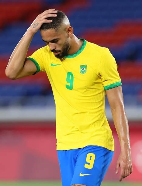 Matheus Cunha of Team Brazil reacts during the Men's Gold Medal Match between Brazil and Spain on day fifteen of the Tokyo 2020 Olympic Games at...