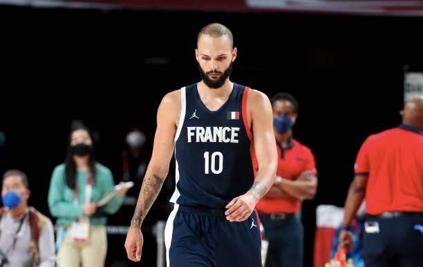 Evan Fournier of Team France looks on after a defeat in the the Men's Basketball Finals game between Team United States and Team France on day...