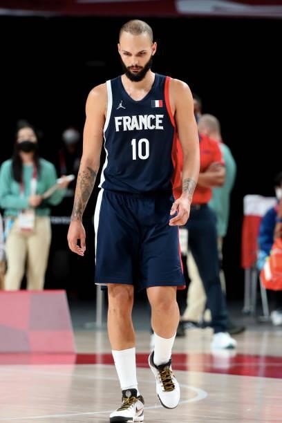 Evan Fournier of Team France looks on after a defeat in the Men's Basketball Finals game between Team United States and Team France on day fifteen of...