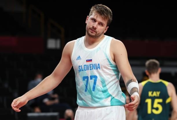 Luka Doncic of Team Slovenia reacts after throwing the ball away on a pass against Team Australia during the second half of the Men's Basketball...