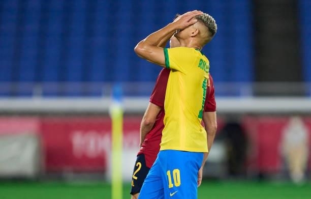 Richarlison De Andrade of Team Brazil reacts during the Men's Gold Medal Match between Brazil and Spain on day fifteen of the Tokyo 2020 Olympic...