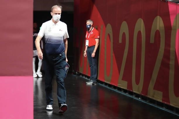 Head coach Vincent Collet of Team France enter the field during the Men's Basketball Finals game between Team United States and Team France on day...