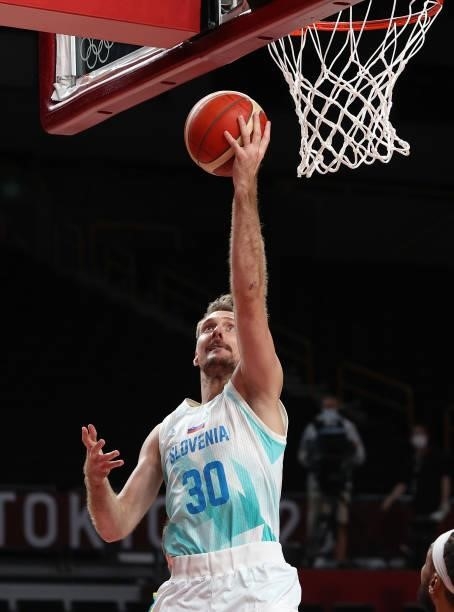 Zoran Dragic of Team Slovenia goes up for a layup against Team Australia during the second half of the Men's Basketball Bronze medal game on day...
