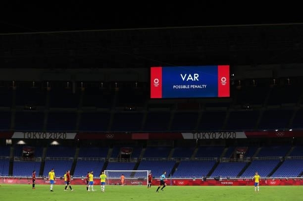 General view inside the stadium as the LED screen displays that a VAR check is in progress for a potential penalty during the Men's Gold Medal Match...