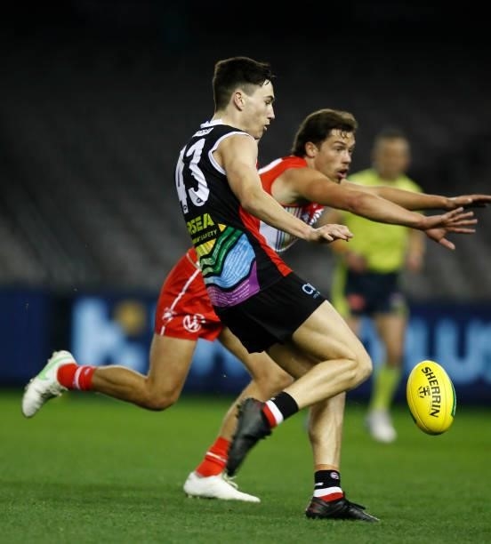 Cooper Sharman of the Saints kicks a goal during the round 21 AFL match between St Kilda Saints and Sydney Swans at Marvel Stadium on August 07, 2021...
